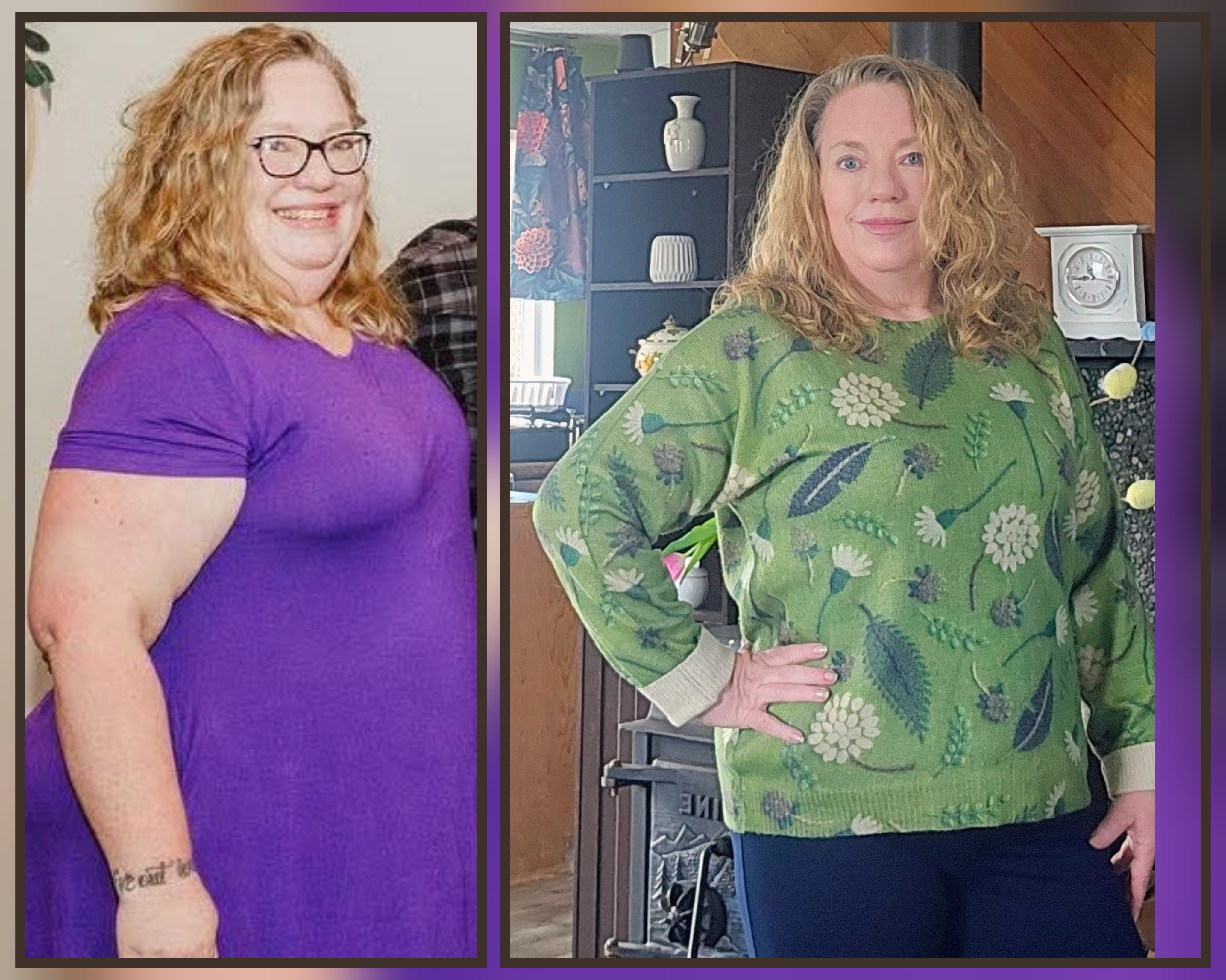 Two photos showing a health transformation. The 2021 photo shows the author at 300 pounds in a purple dress. The 2026 photo shows the author today, appearing significantly leaner and more energized in a green floral sweater, representing a loss of 36 inches