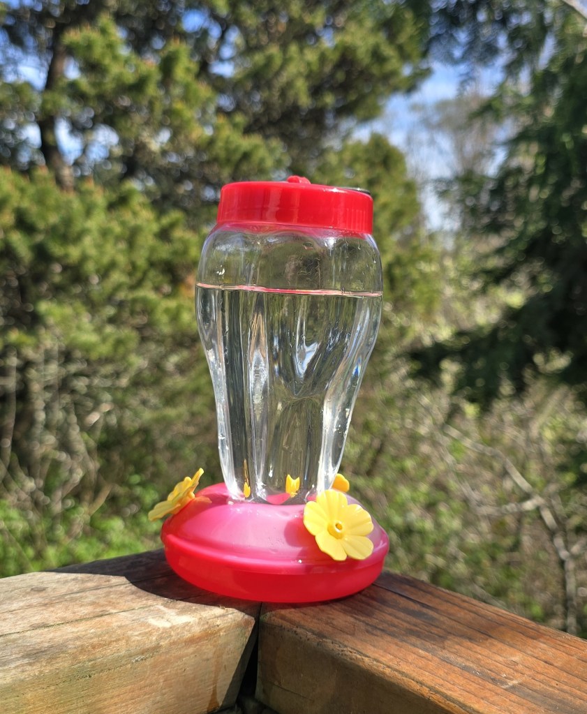 A clean, clear hummingbird feeder with a red cap and pink base rests on a rustic wooden deck corner. The sunlight illuminates the fresh nectar inside, with a lush green forest and a bright blue sky softly blurred in the background.